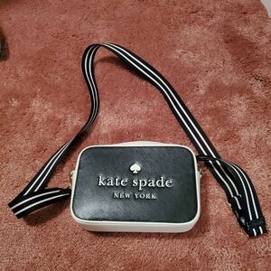 Kate Spade Black and White Crossbody Bag with Striped Strap- Mini Camera